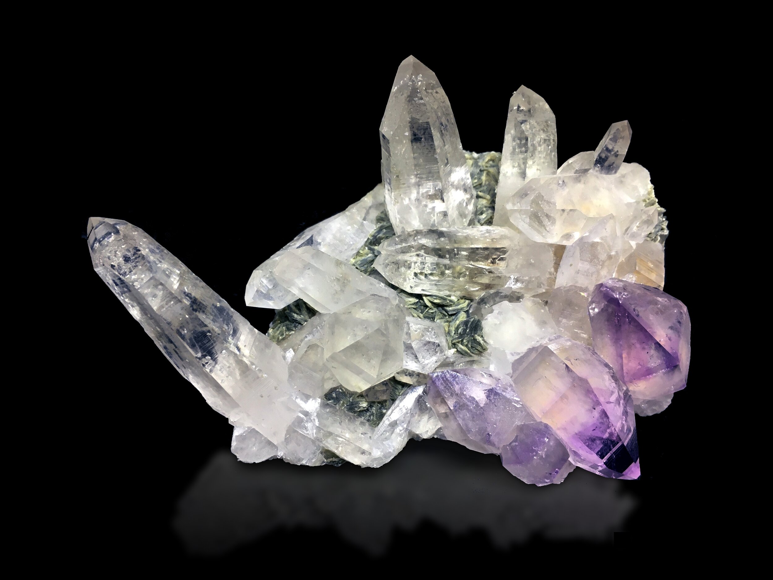 Amethyst scepters, clear quartz, and sericite xls. from Green Ridge.