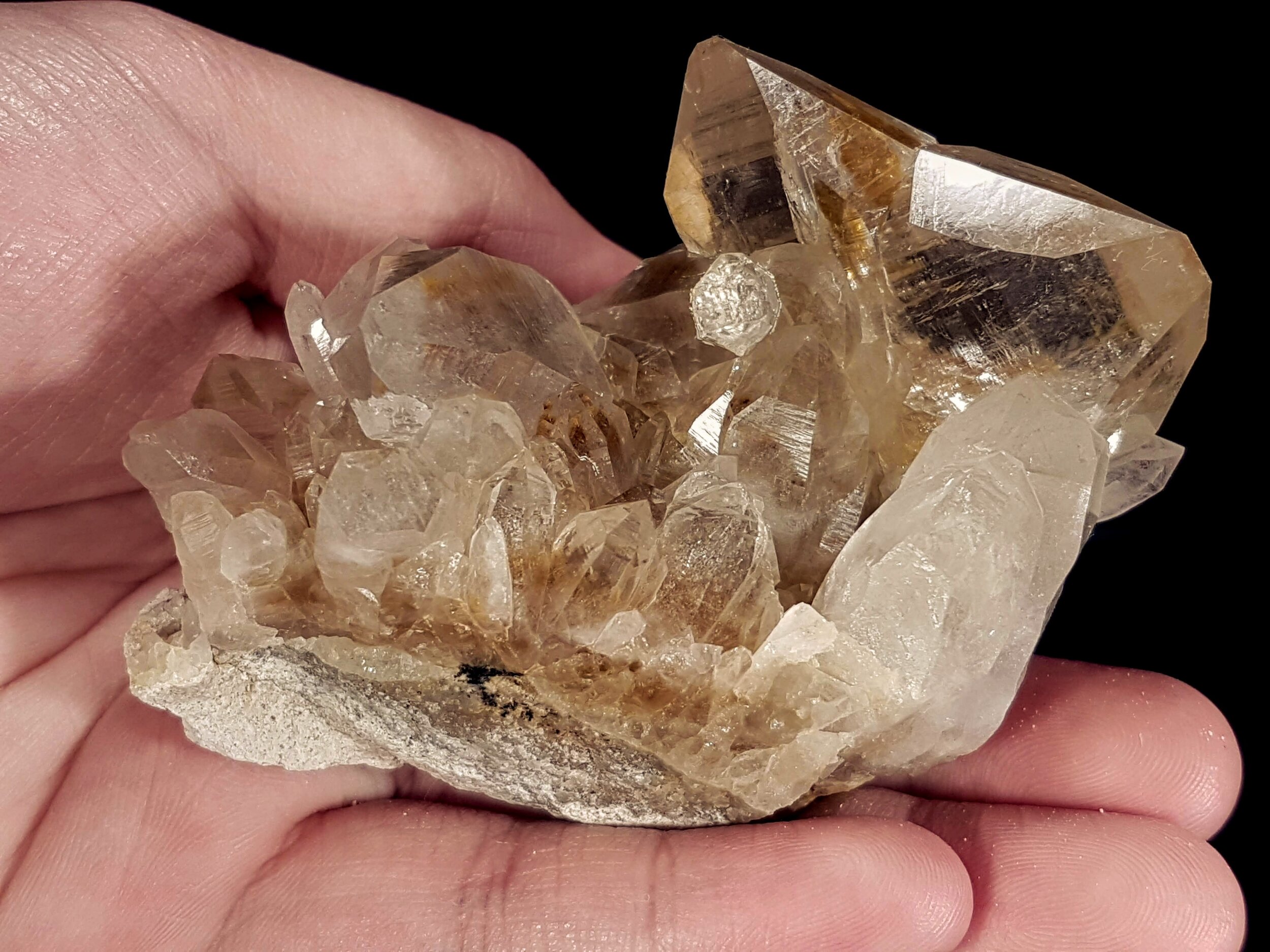 A great Japan-law twin perched atop a quartz cluster. Dug by Nick Valdez, now in Zoe Marcketti collection.