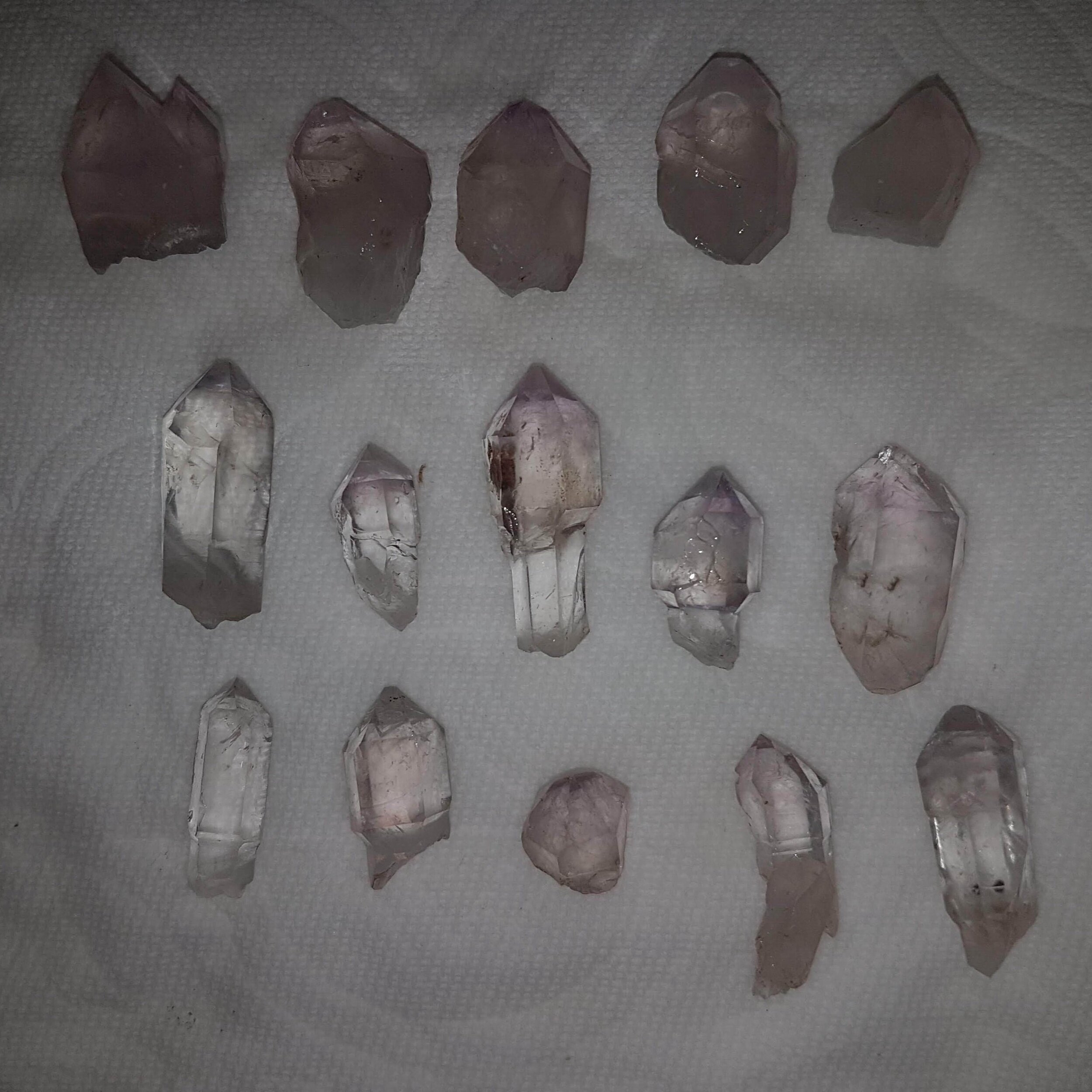 Amethyst crystals, with 4cm scepter (center) from the Birthday pocket.